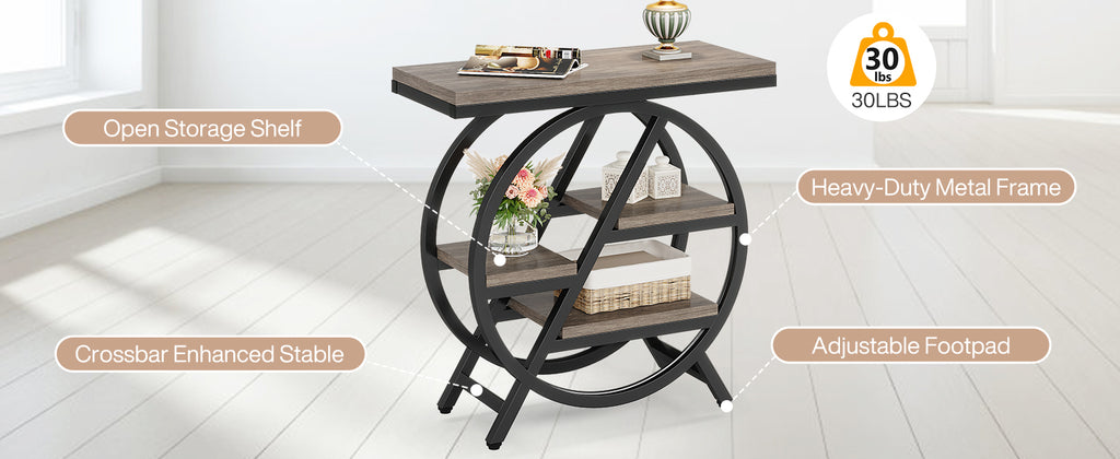 25.59" Industrial Narrow End Table with 3-Tier Storage Shelves