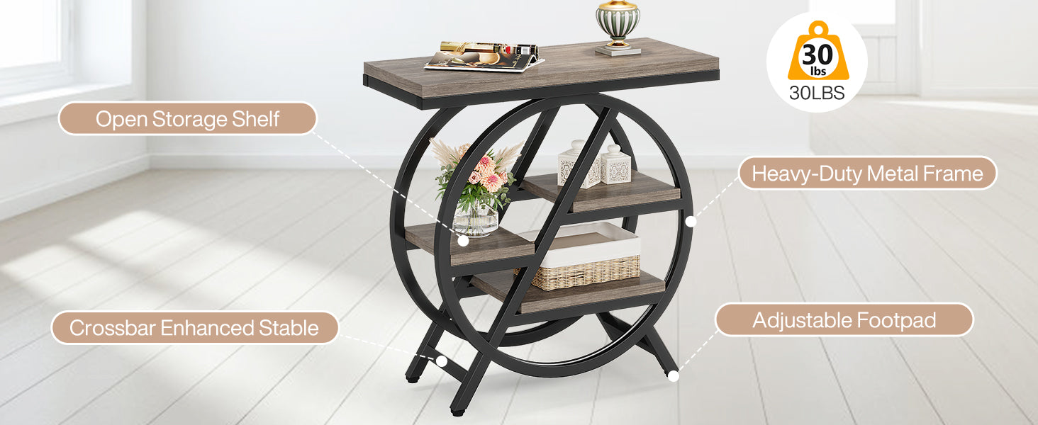 25.59" Industrial Narrow End Table with 3-Tier Storage Shelves
