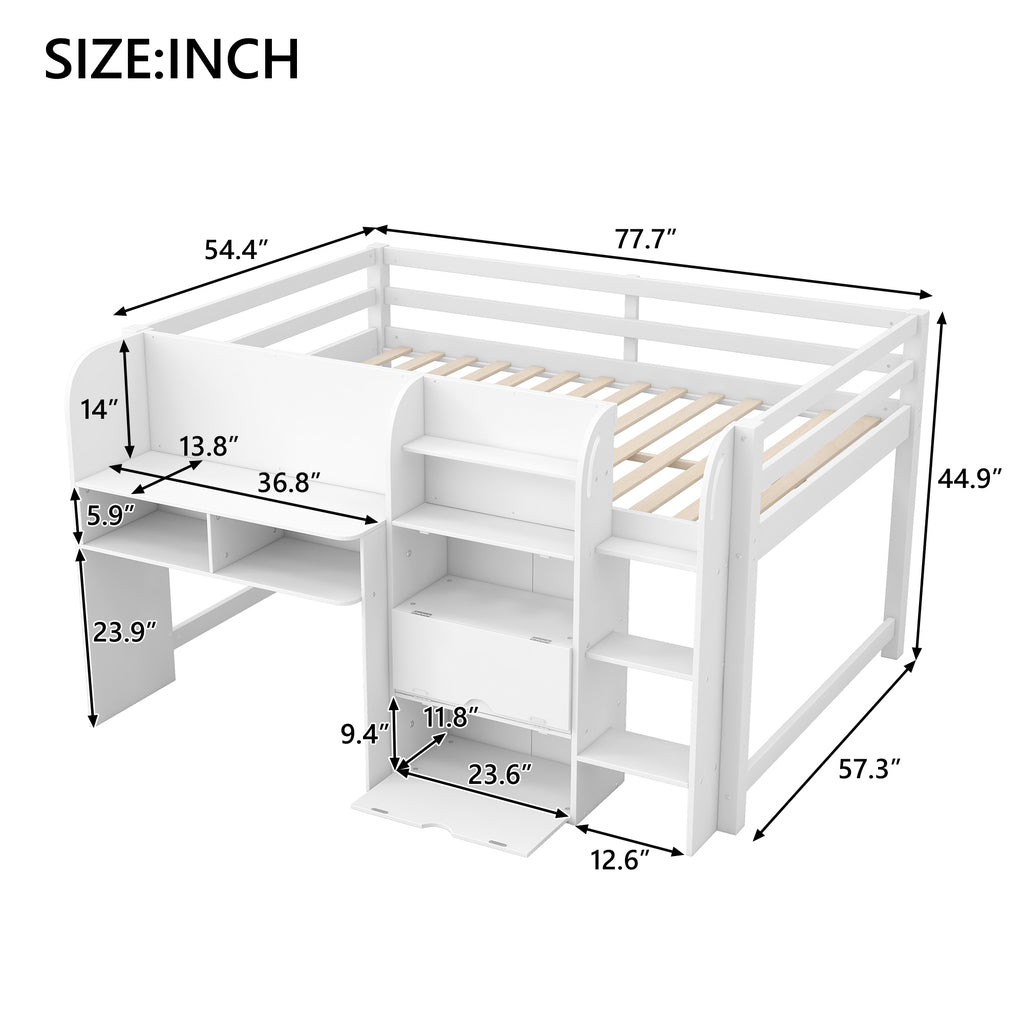 Full Size Low Loft Bed with Built-in Desk, Storage Cabinets and Open Bookcase