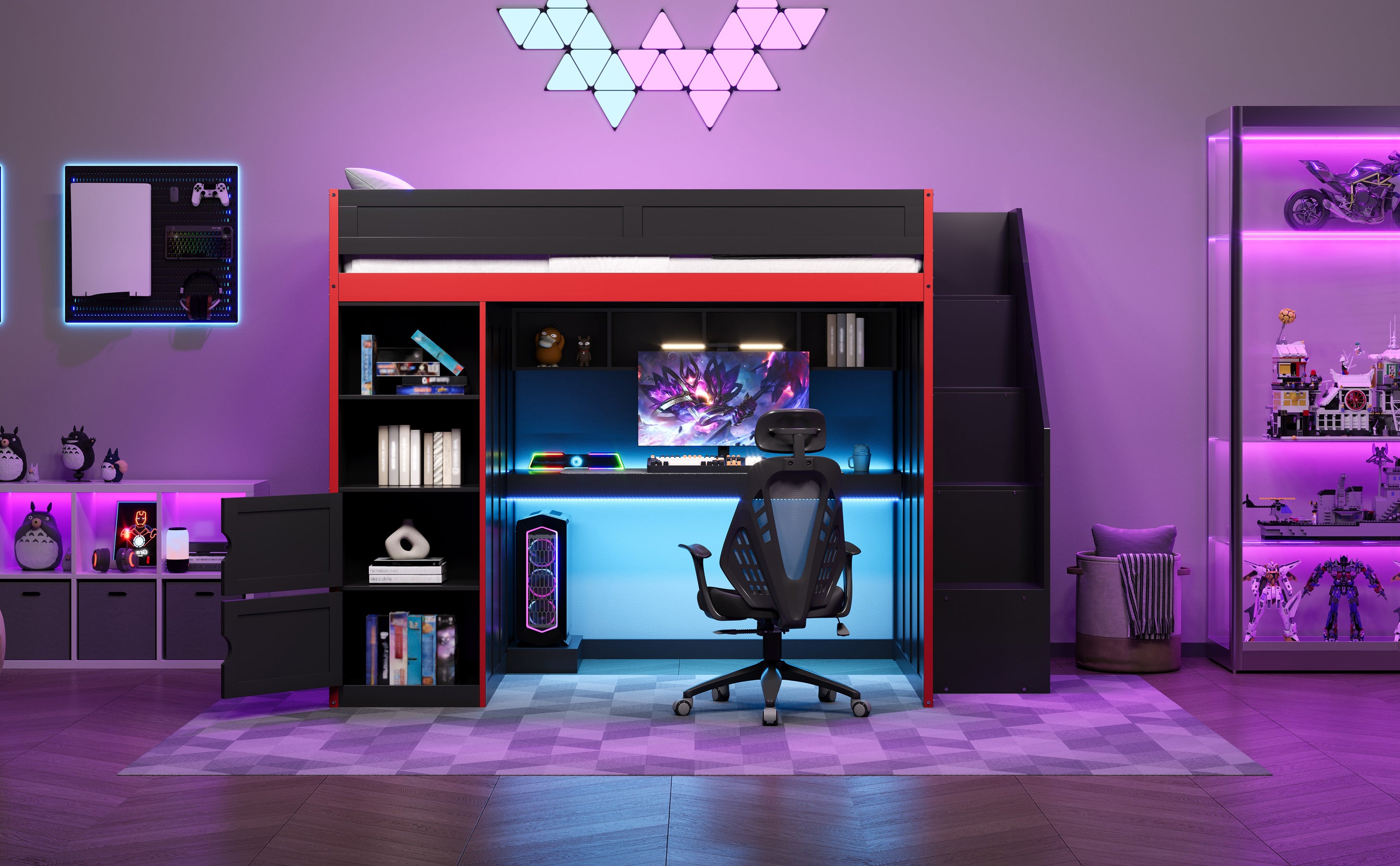 Gaming Loft Bed with Desk and Storage, LED Lights, Full