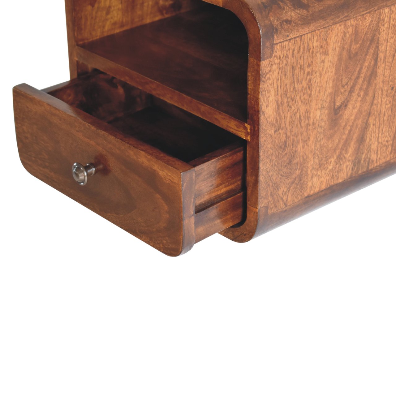 Extra Mini Wall-Mounted Curved Chestnut Nightstand, Open Slot, 1-Drawer