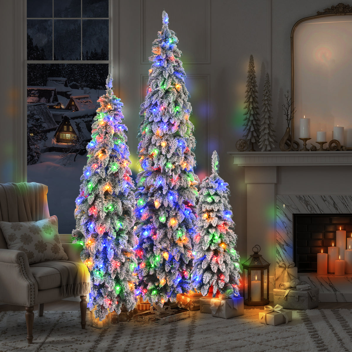 Pre-Lit Pencil Christmas Tree 3-Set, 4FT 6FT 8FT, Snow-Flocked, 290 LED Lights, 11 Modes
