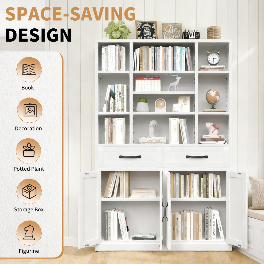 71" Tall Bookcase with Doors, Drawers & Adjustable Open Shelves