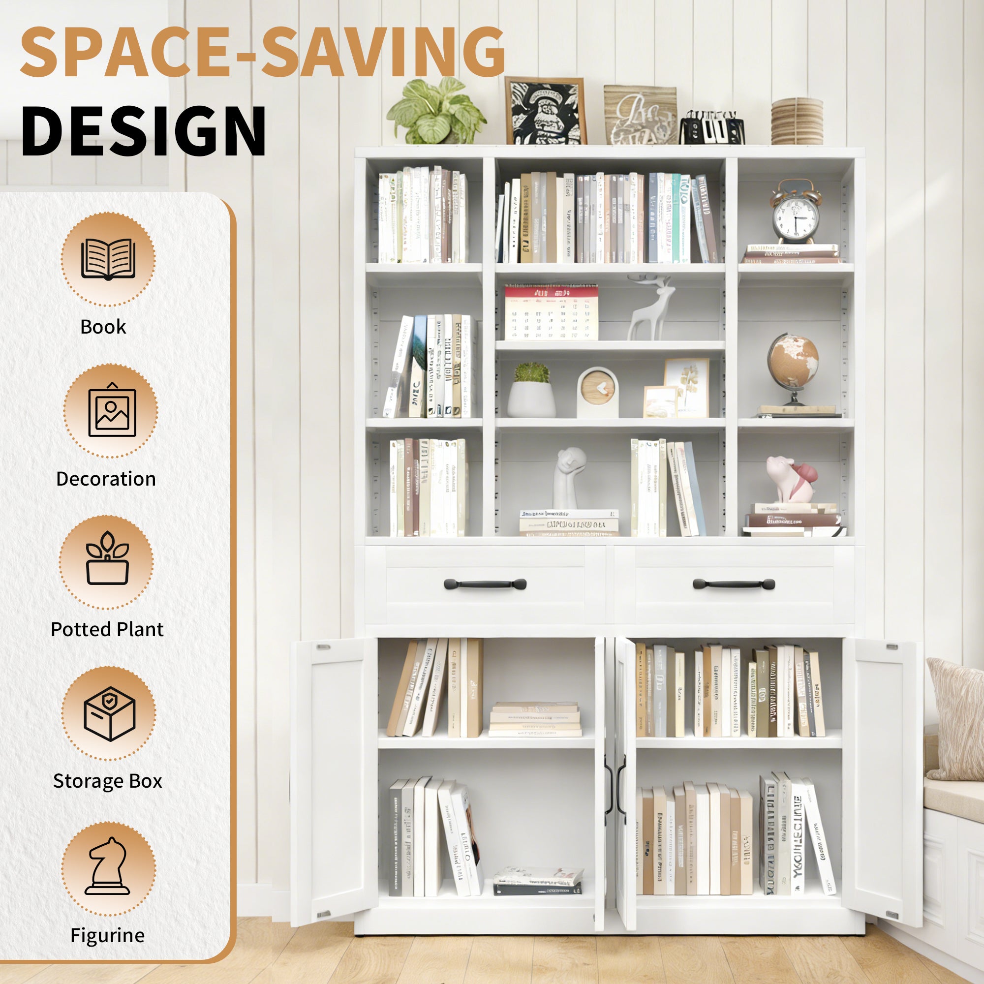 71" Tall Bookcase with Doors, Drawers & Adjustable Open Shelves