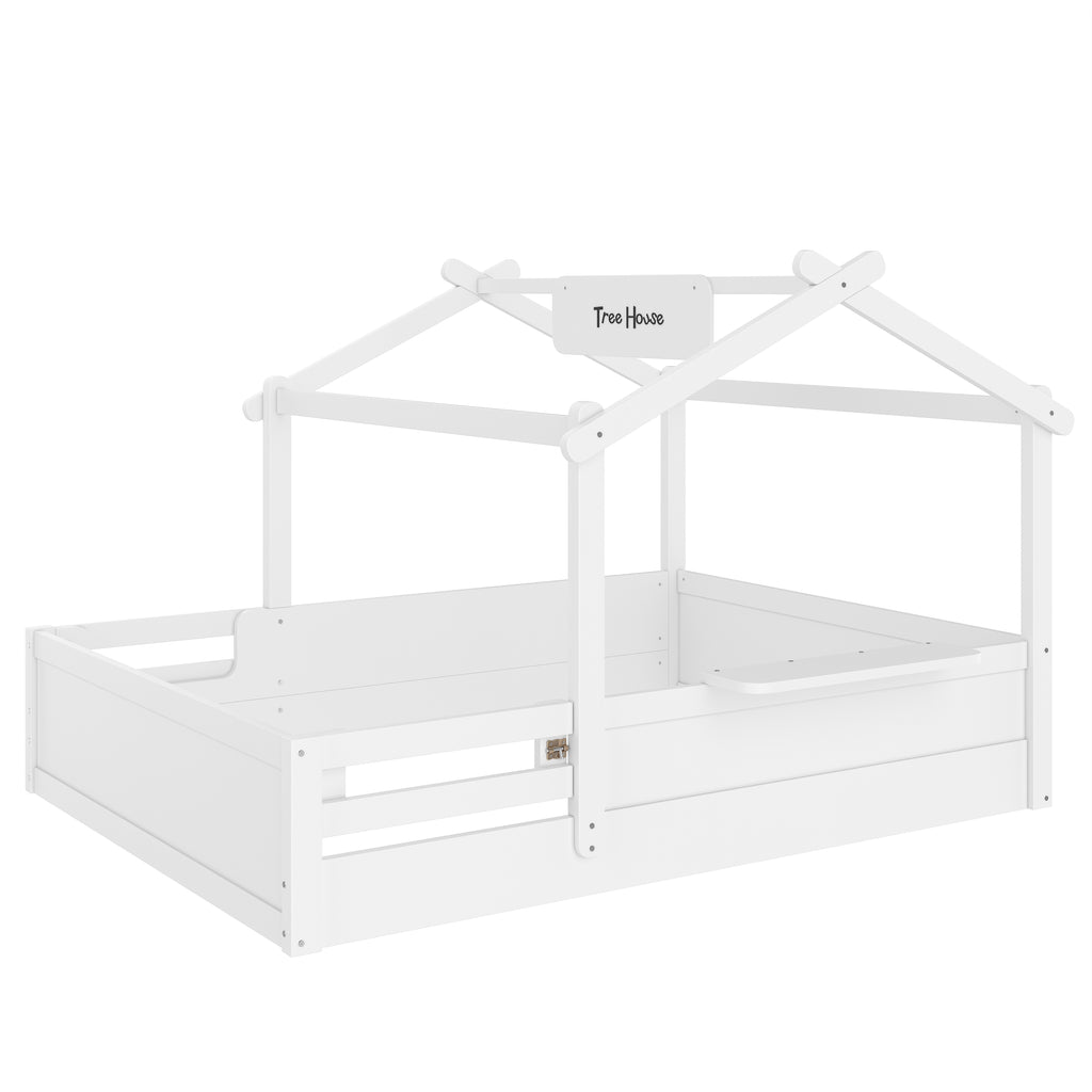 Full Size Floor Bed with Guardrails and Roof for Kids