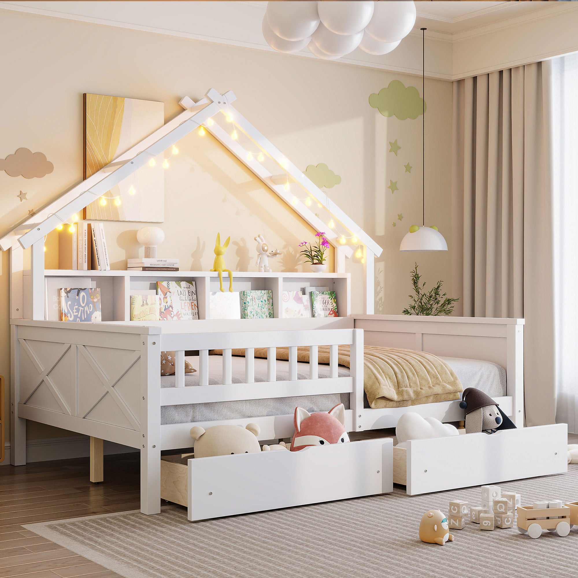 Wood Full Size House Platform Bed with LED, Storage Shelves, Drawers and Guardrail