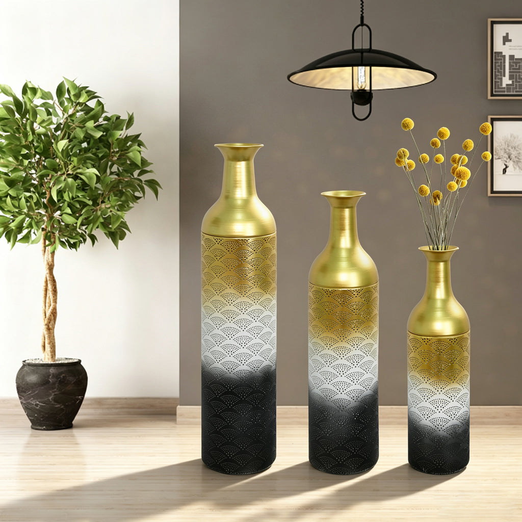 Decorative Metal Vases Set of 3, Leaf Pattern Floor Vases