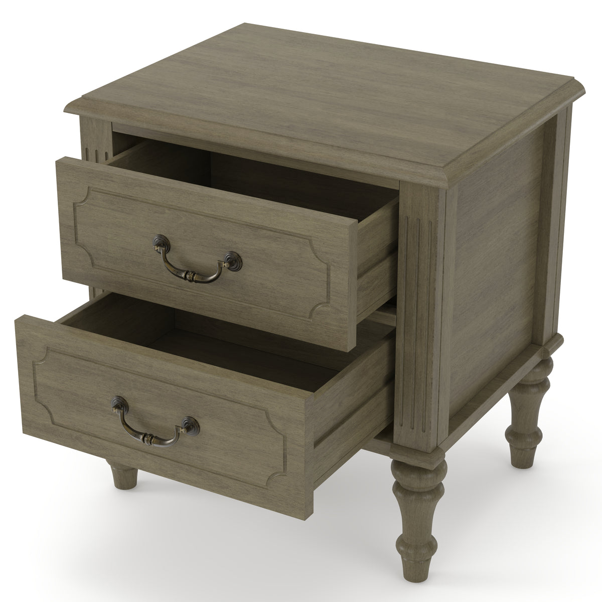 Fluted Nightstand with 2 Drawers, 21-Inch Wide, Solid Rubberwood, Antique Bronze