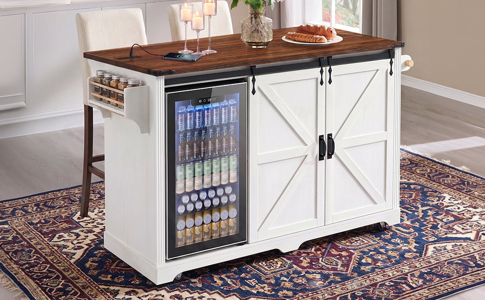 K&K 72" Farmhouse Kitchen Island with Fridge Storage