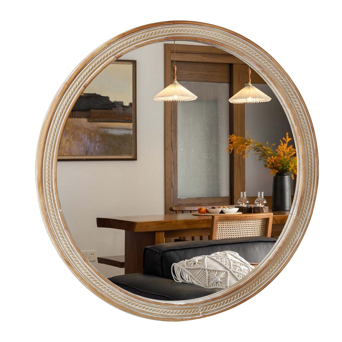 Round Decorative Wall Mirror with Woven Rattan-Textured Frame