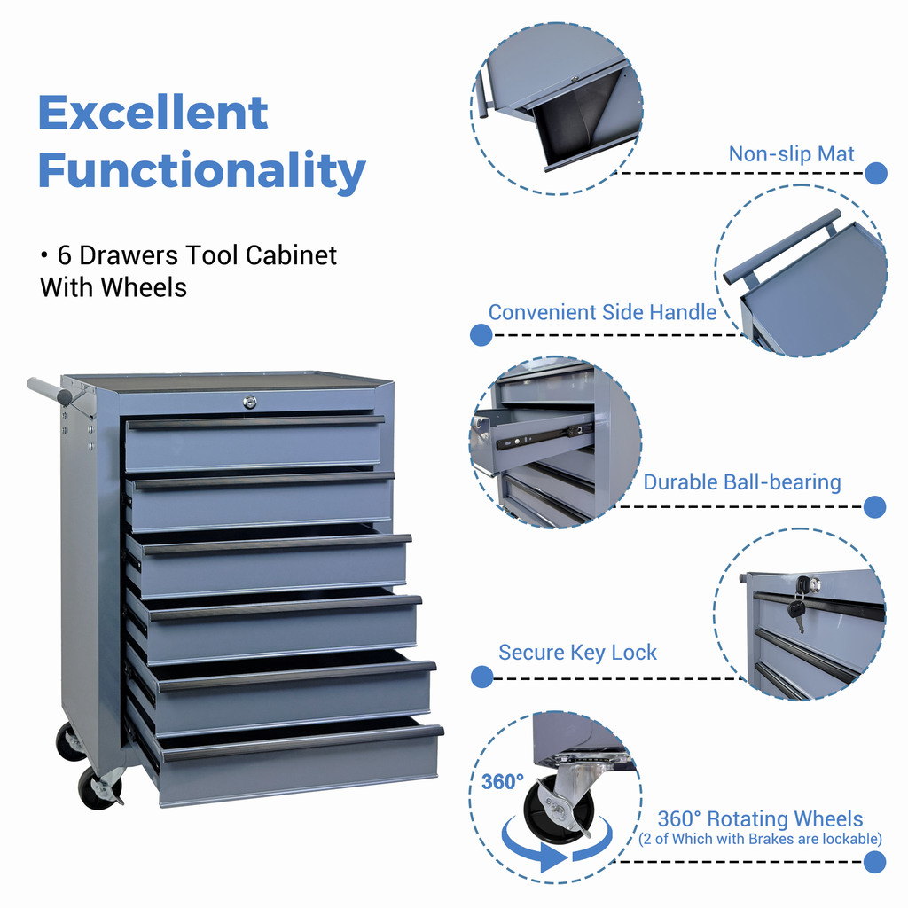 Rolling Metal Tool Chest with 6 Drawers