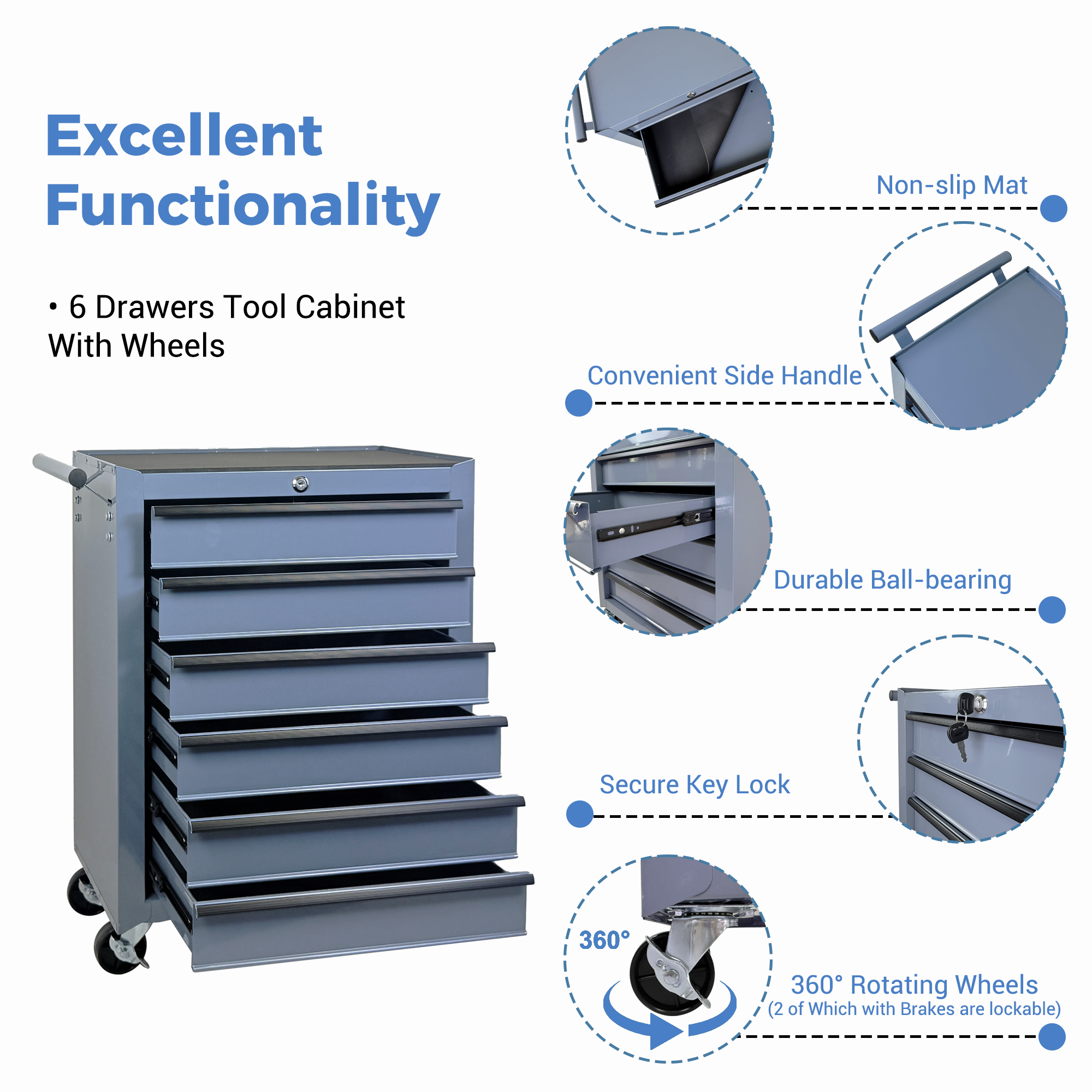 Rolling Metal Tool Chest with 6 Drawers