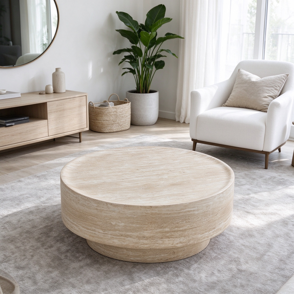 Round Travertine-Look Coffee Table, 31.5-Inch, Beige Yellow Fiberglass