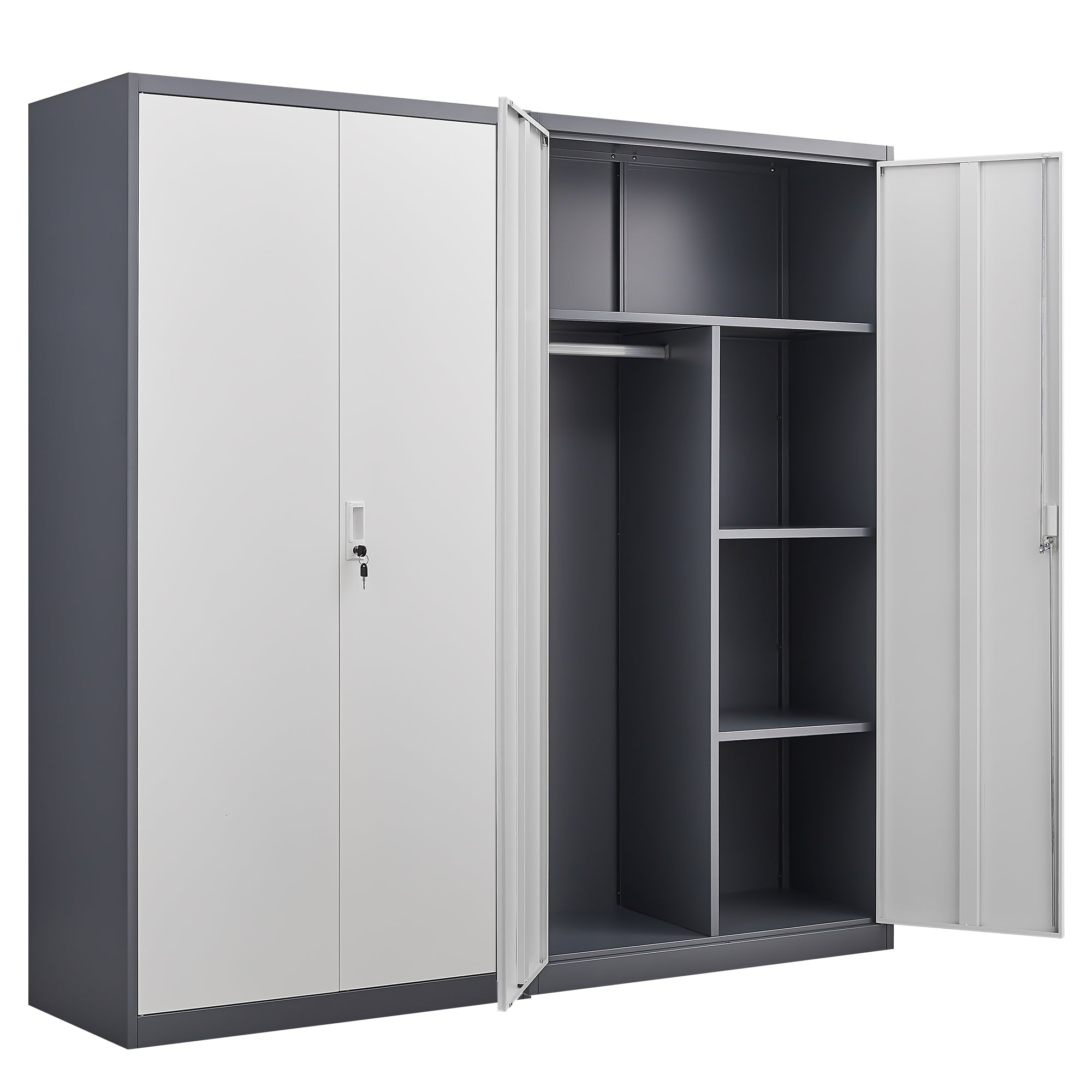 Gray Steel Lockable Large Capacity Wardrobe with Hanging Rod & Shelves
