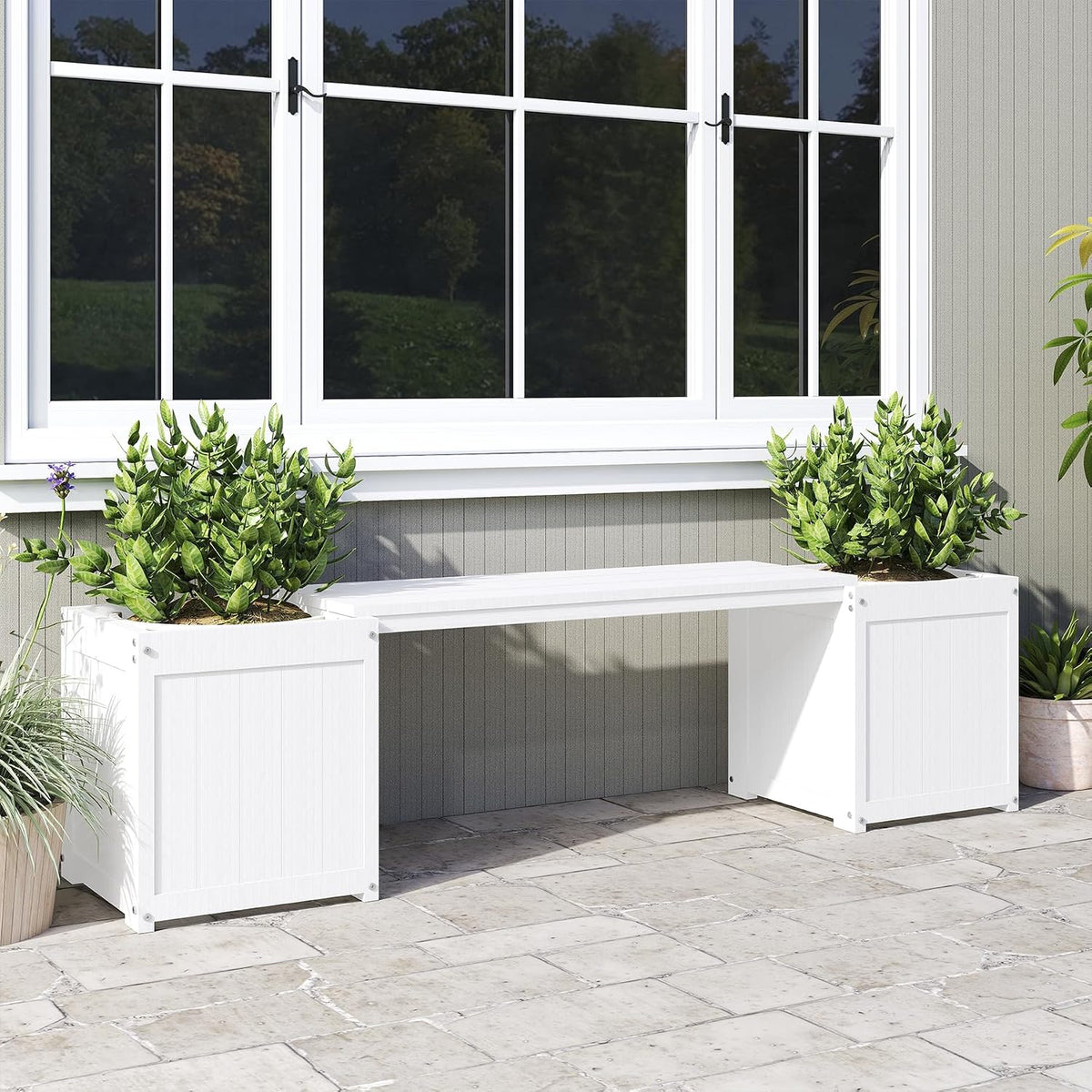 HDPE Outdoor Bench with Flower Boxes, White