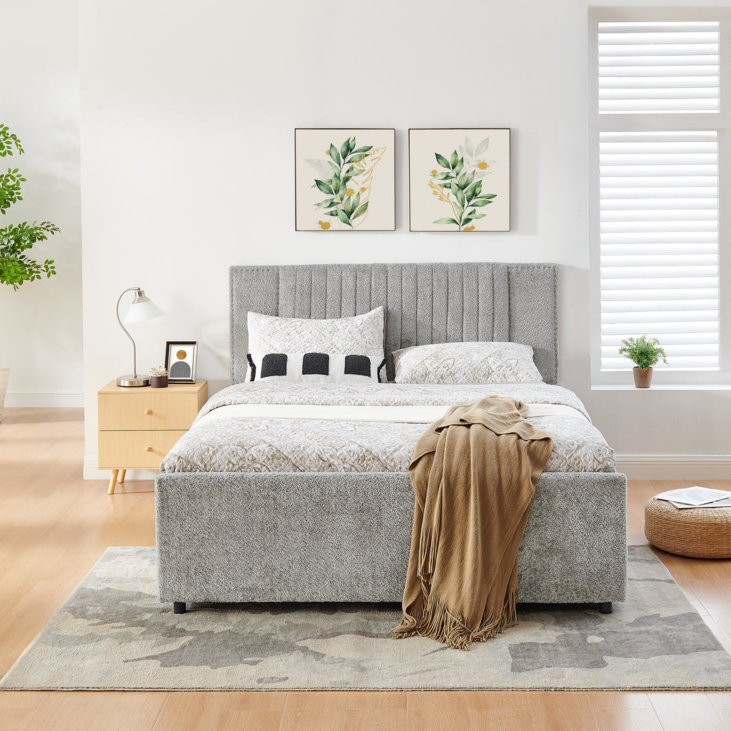 Queen Vertical Channel Tufted Upholstered Bed, Grey Chenille, Storage Drawers & Pull-Out Trundle