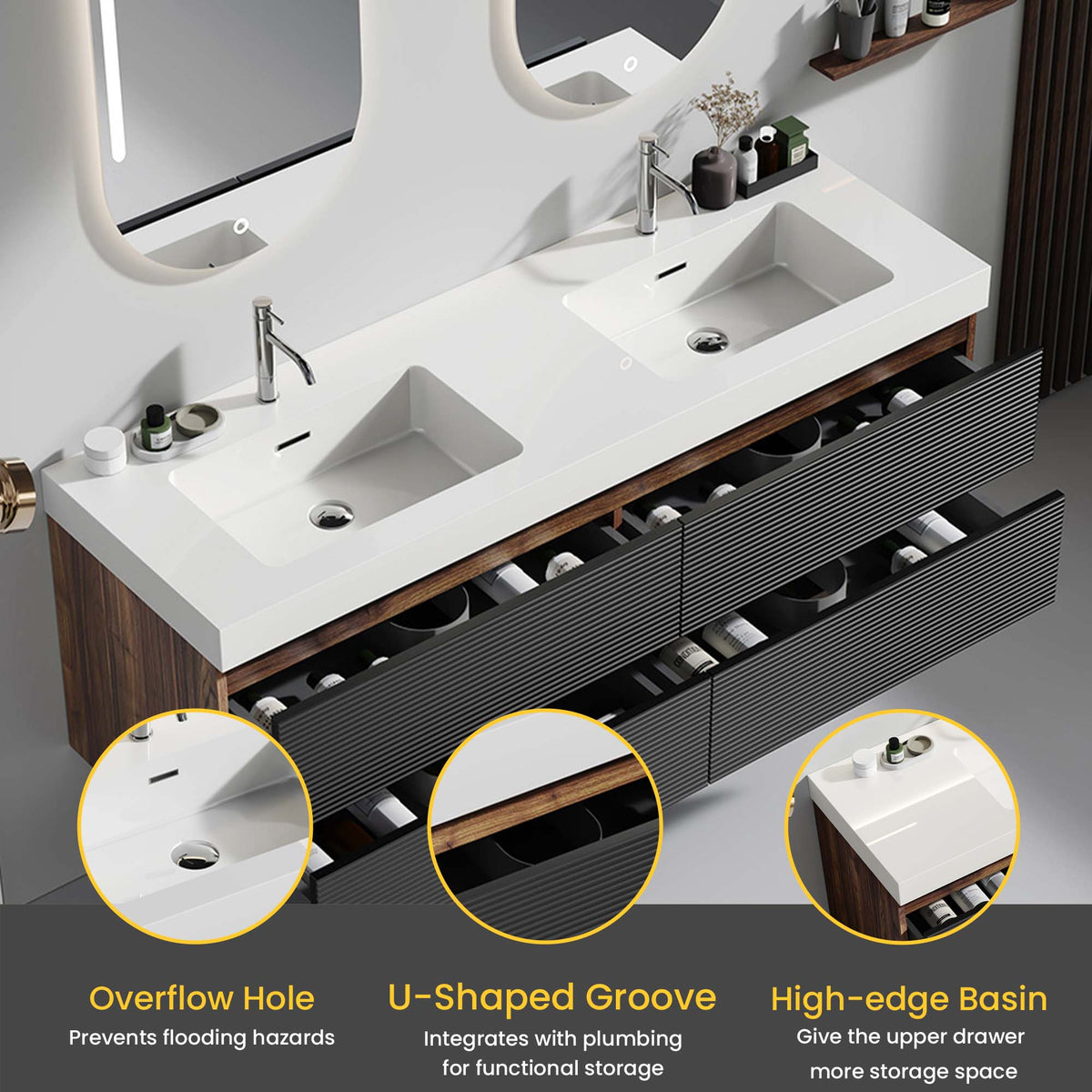 Grace 60-Inch Wall-Mounted Bathroom Vanity, Walnut and Black, Double Sink