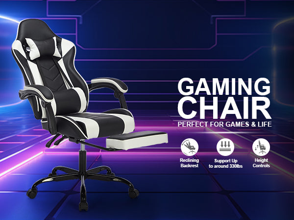 Gaming Chair with Footrest, Ergonomic Computer Chair, Black White Leather