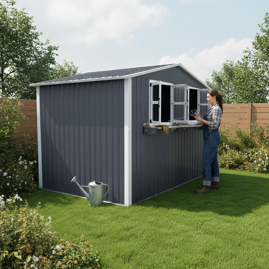 9x6 FT Outdoor Metal Storage Shed with Window & Flower Rack