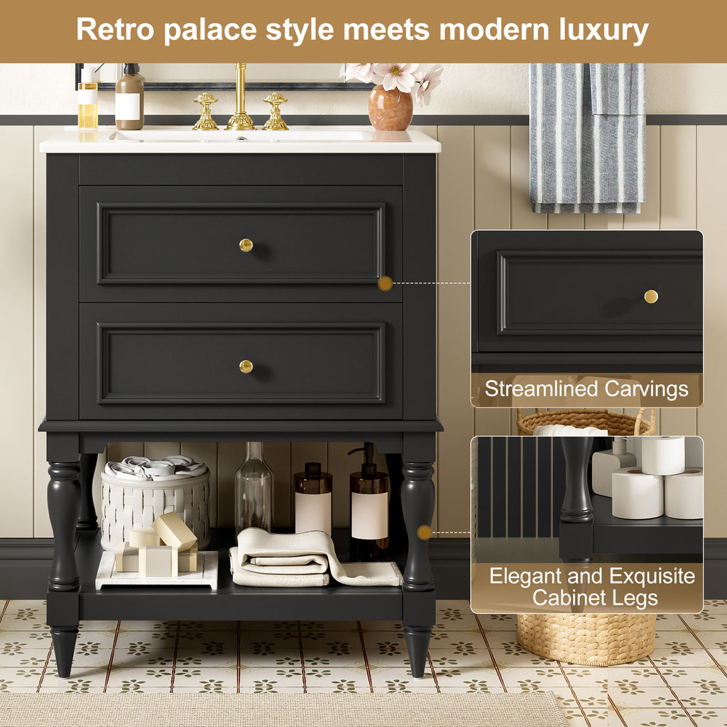 24-Inch Bathroom Vanity with Ceramic Sink, Retro Design, Black