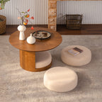 31.5" Round Wood Coffee Table with 3 Teddy Fabric Nesting Stools