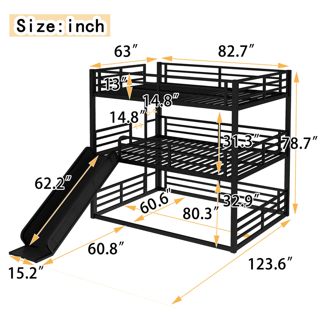 Queen Over Queen Over Queen Bunk Bed with Slide