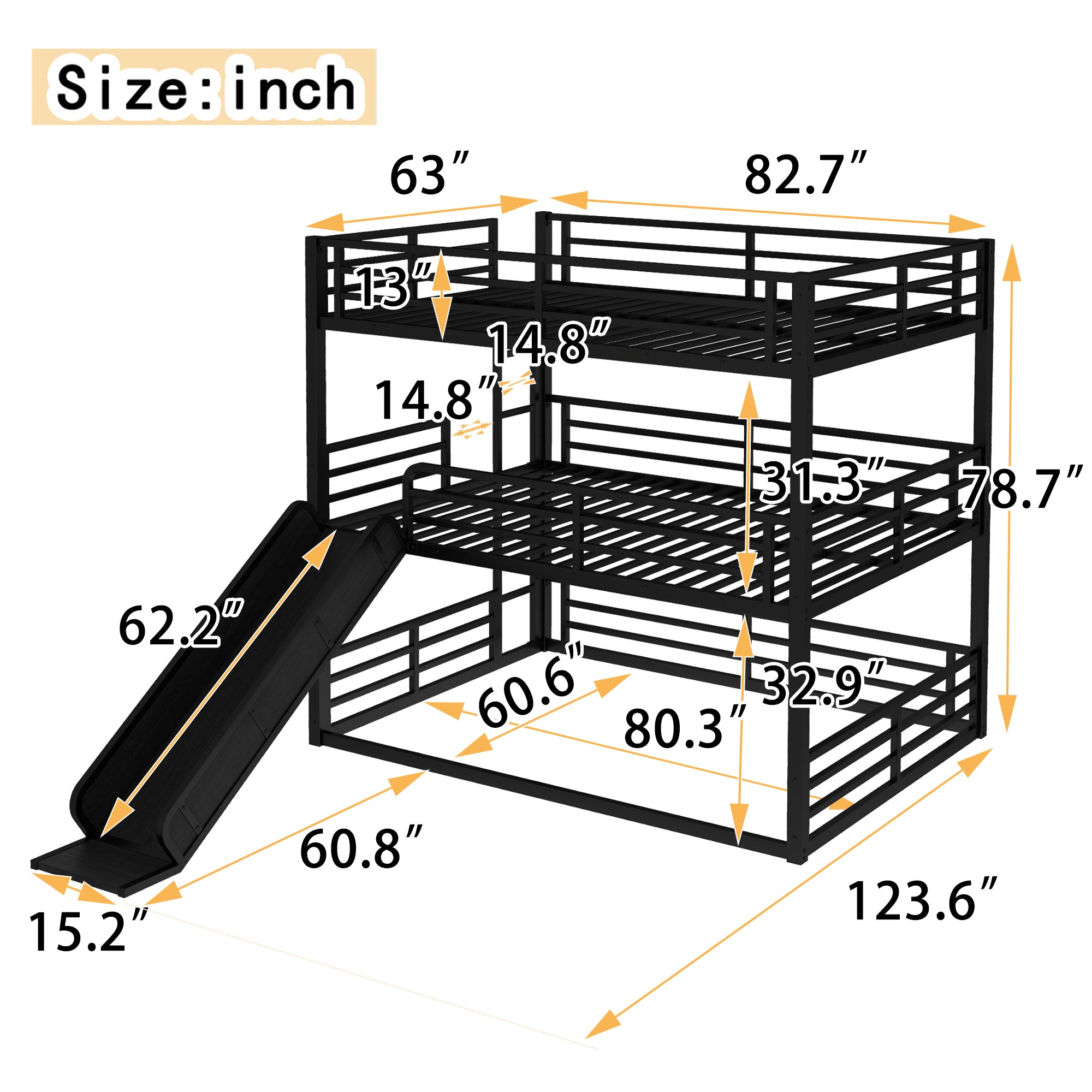 Queen Over Queen Over Queen Bunk Bed with Slide