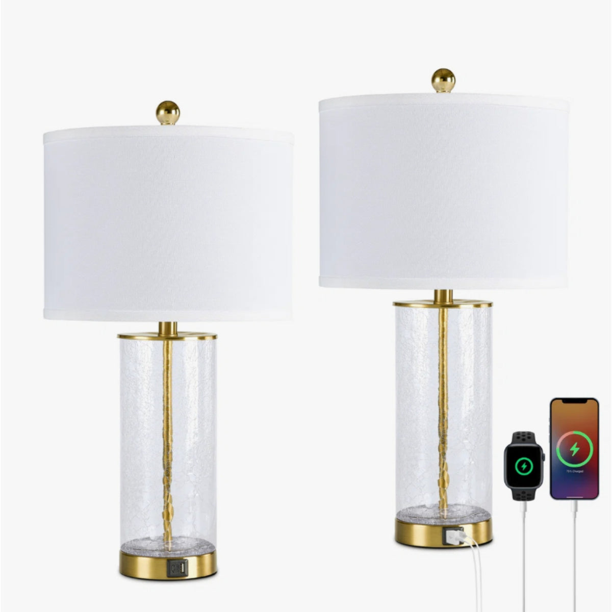 Modern Glam Glass and Metal Table Lamp Set, 23.25-Inch, Gold, USB Charging