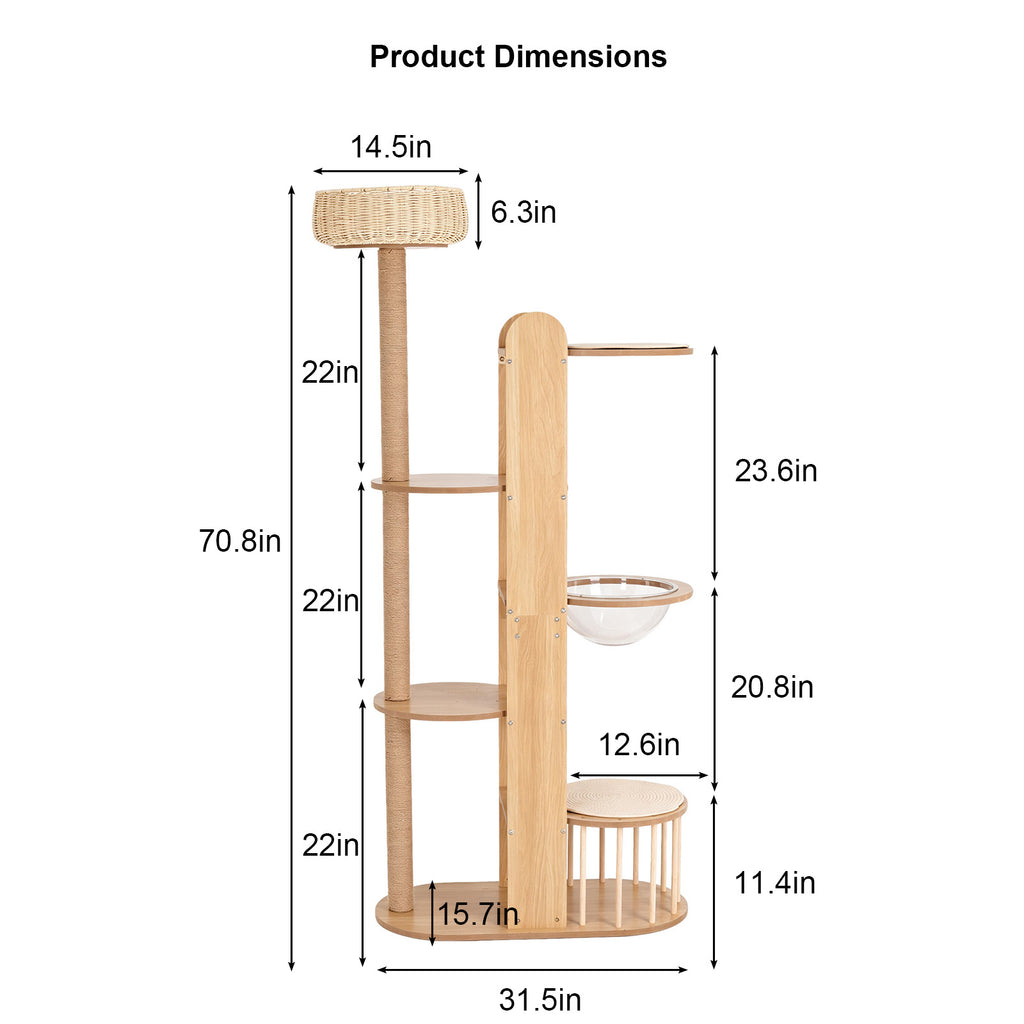 Multi-Level Wood Cat Tree Tower, 70.8" Tall Cat Activity Tree with Sisal Scratching Post, Space Capsule, Woven Top Bed & Fenced Cat House, Modern Indoor Cat Climbing Furniture