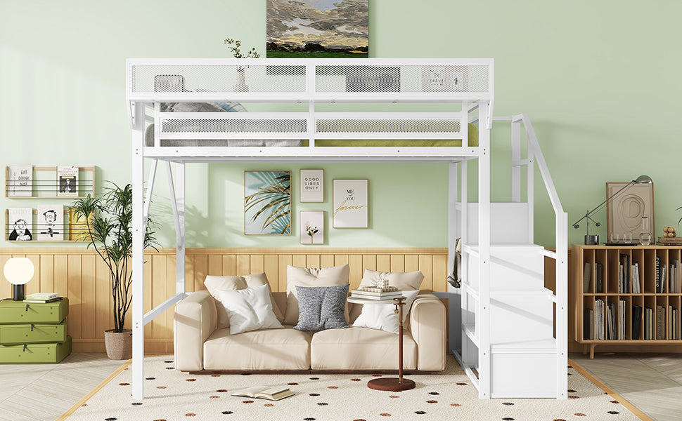 Queen Size Loft Bed with Stairs and Storage Shelves
