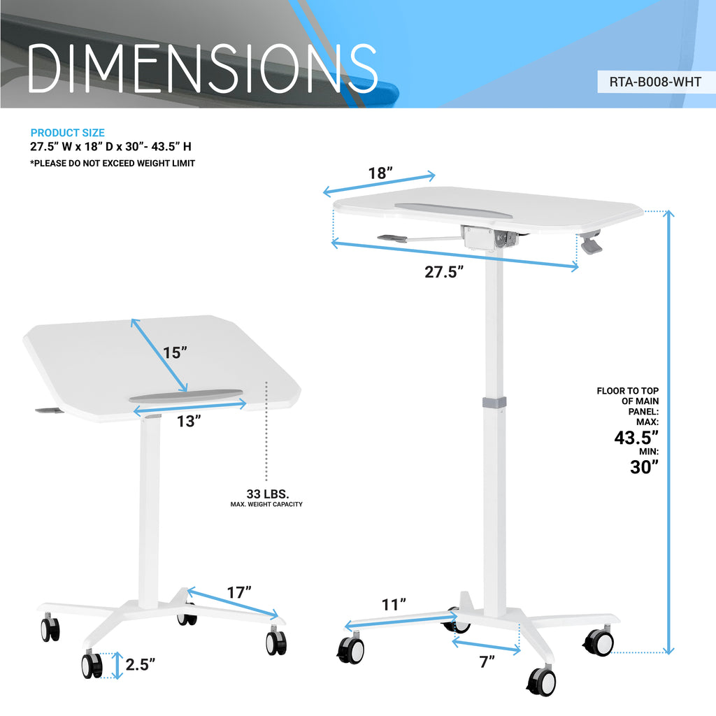 Techni Mobili White Sit to Stand Mobile Laptop Desk, Height Adjustable