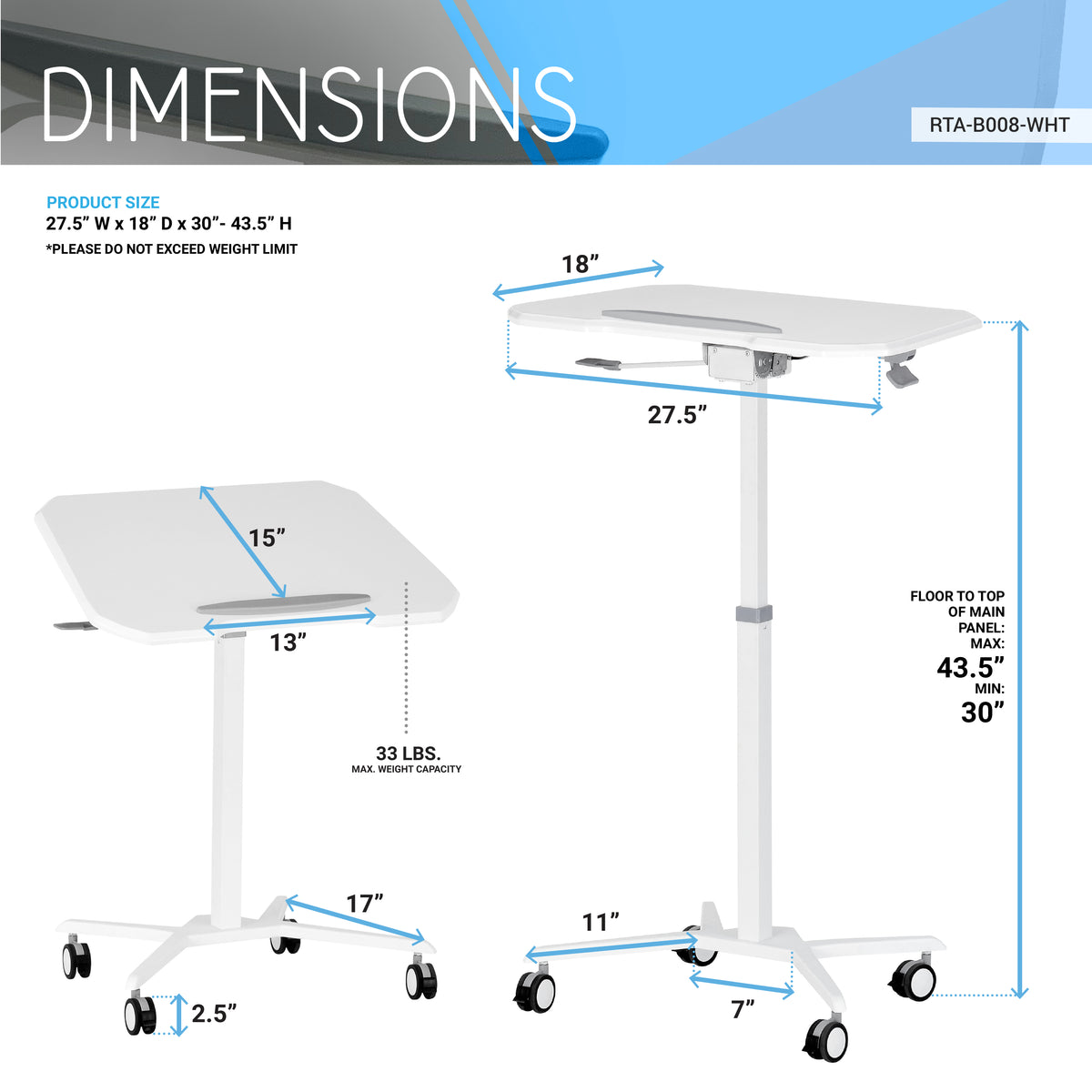 Techni Mobili White Sit to Stand Mobile Laptop Desk, Height Adjustable