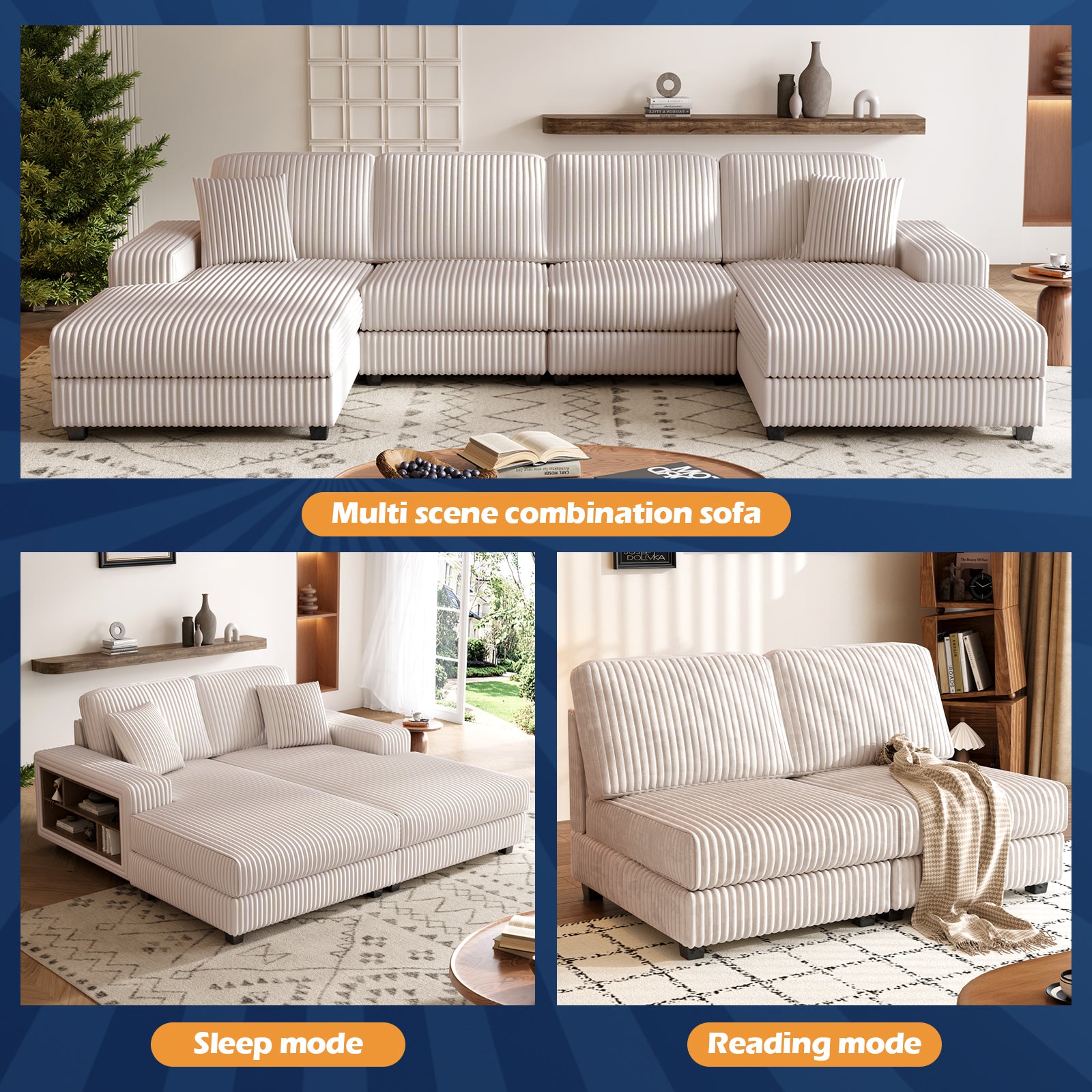 Convertible U-Shaped Combination Sofa, Corduroy Fabric
