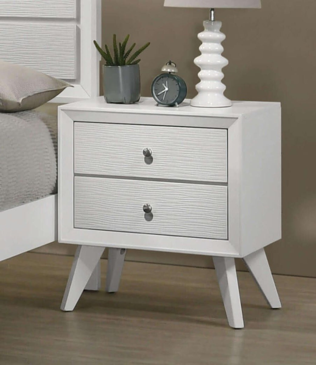 White Cal King Size Bed 2x Nightstands Wave Texture Panel HB