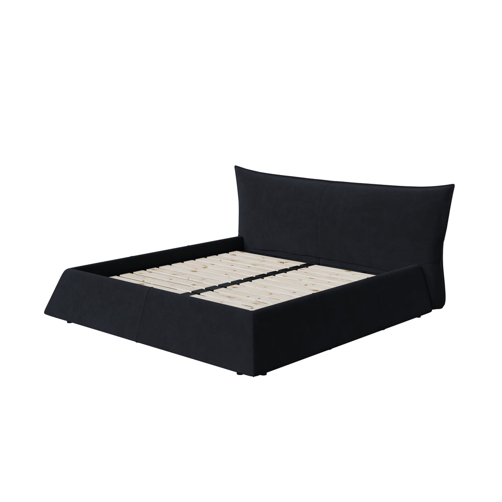 Queen Size Upholstered Platform Bed with Special Shaped Velvet Headboard
