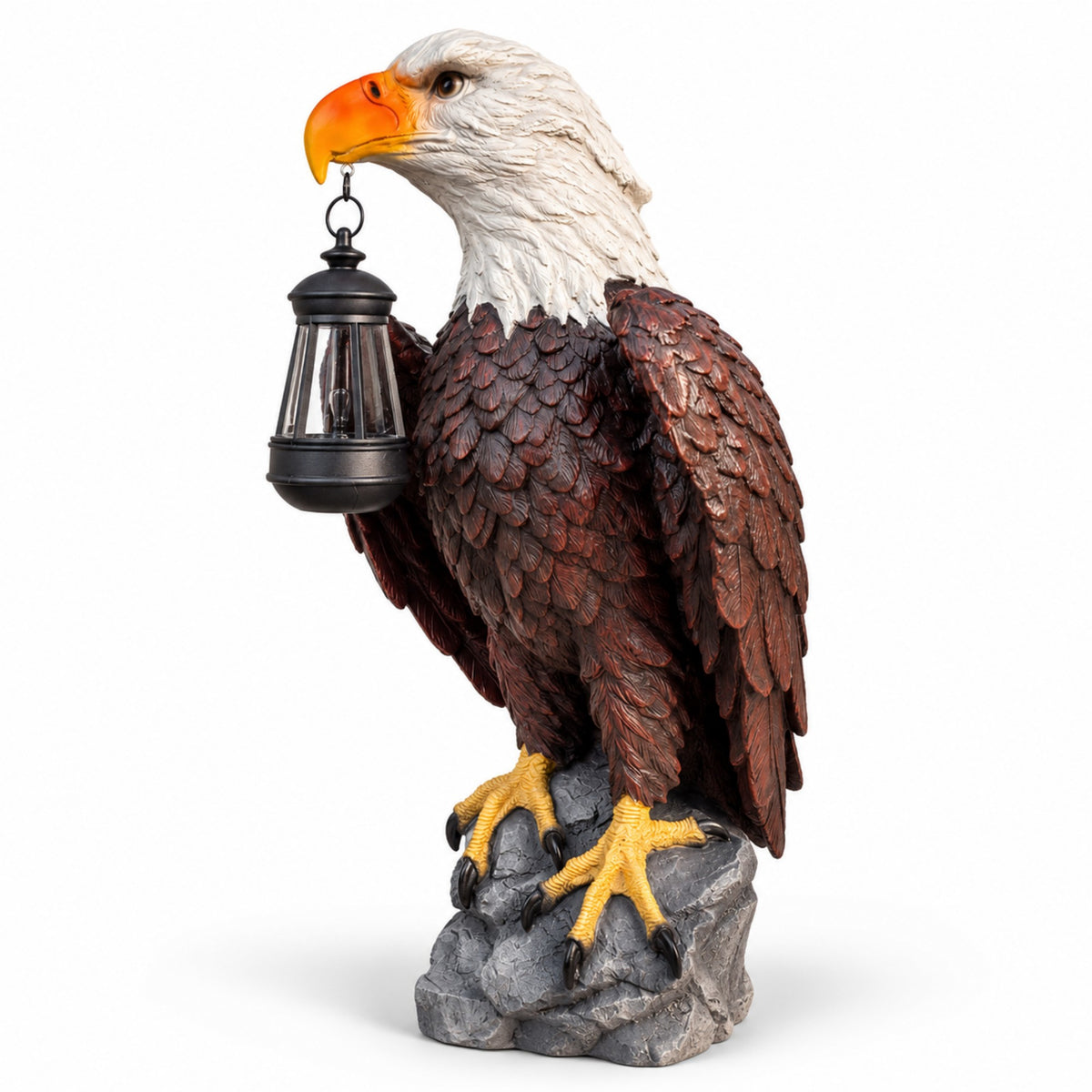Solar Bald Eagle Garden Statue with Lantern, 23-Inch, Black Brown Resin