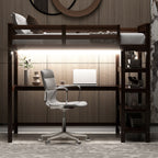 Twin Size Loft Bed with Storage Shelves and LED