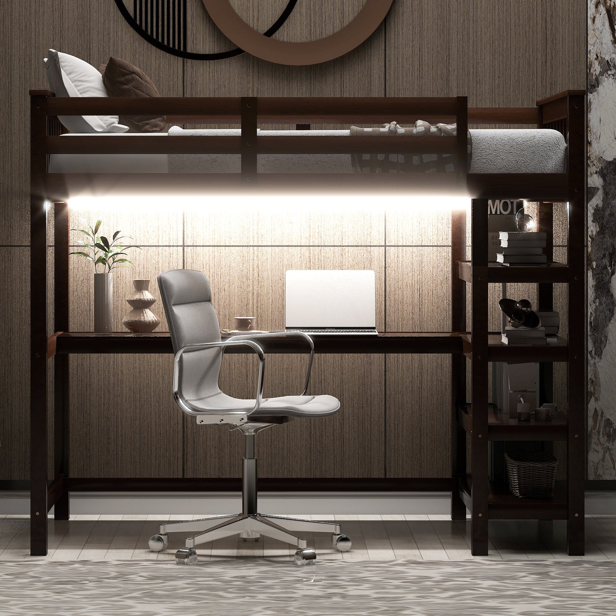 Twin Size Loft Bed with Storage Shelves and LED