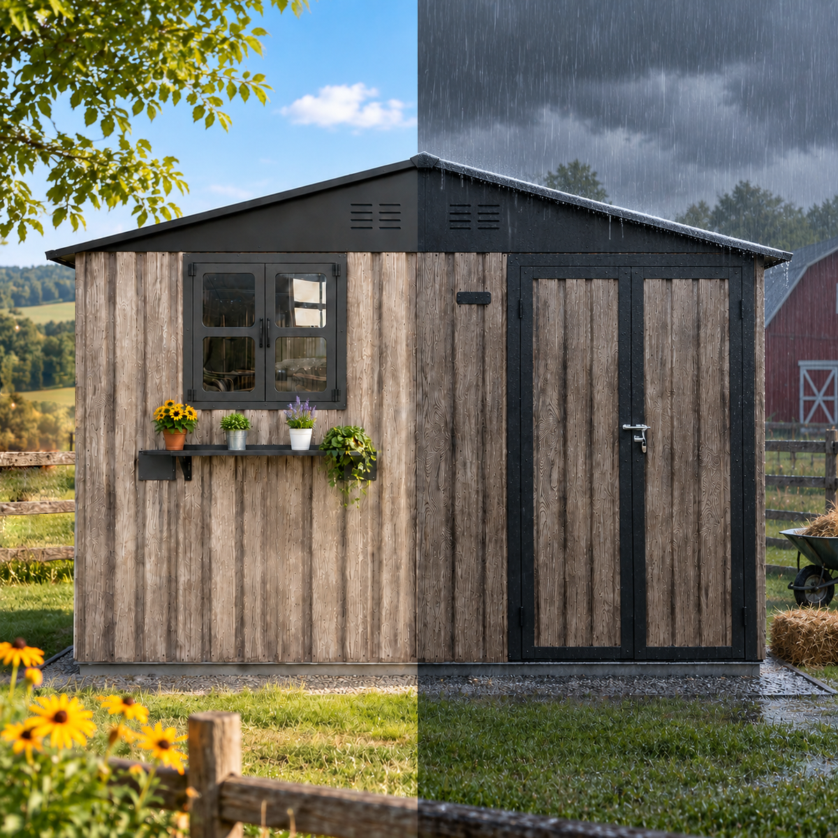 10x8 FT Outdoor Metal Storage Shed with Lockable Doors and Window, Grey and Black