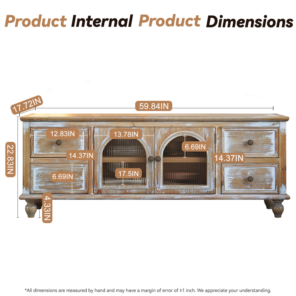 60" Farmhouse TV Stand with 4 Drawers & 2 Glass Doors