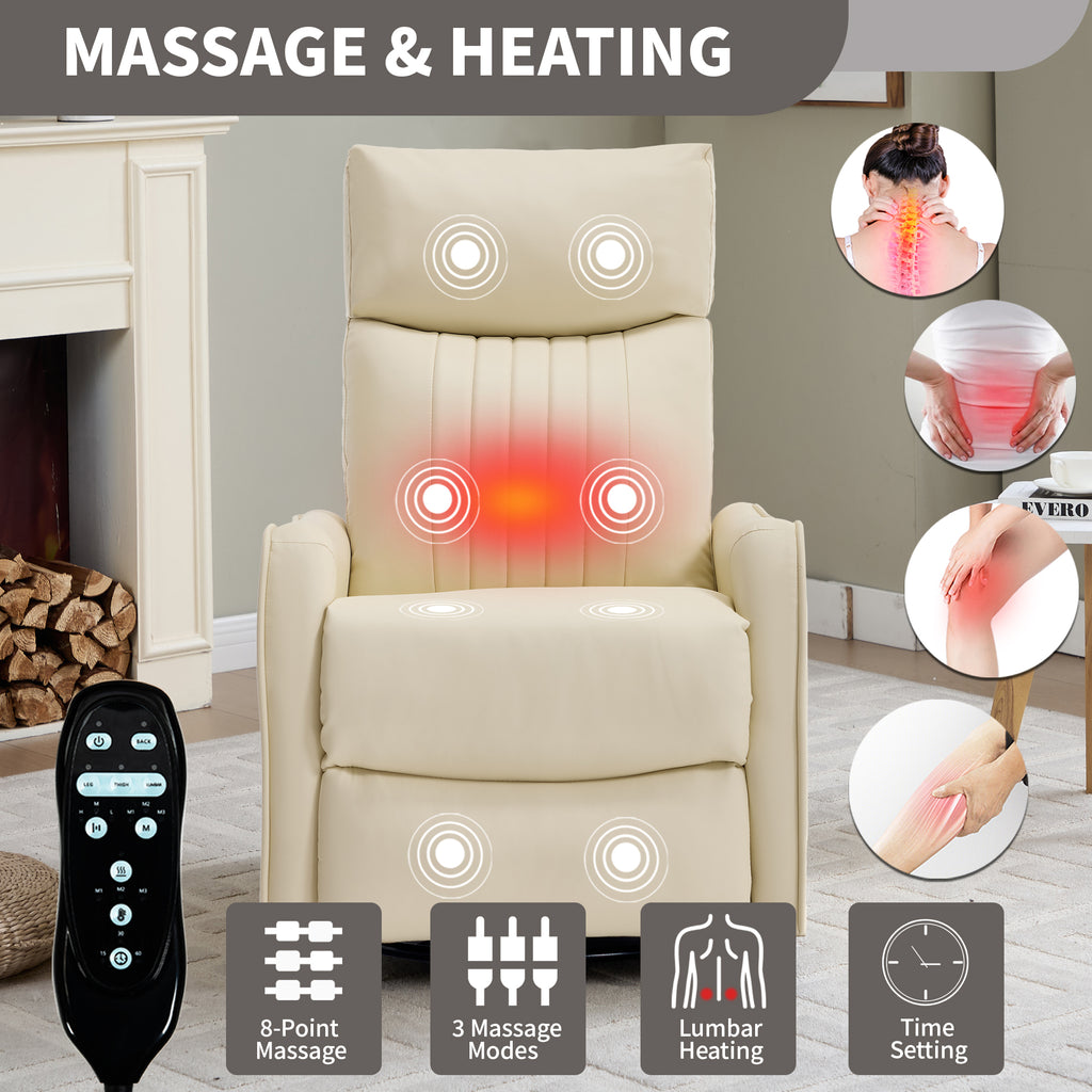 Beige Heat Massage Manual Recliner Chair with Rocker and Swivel in Faux Leather