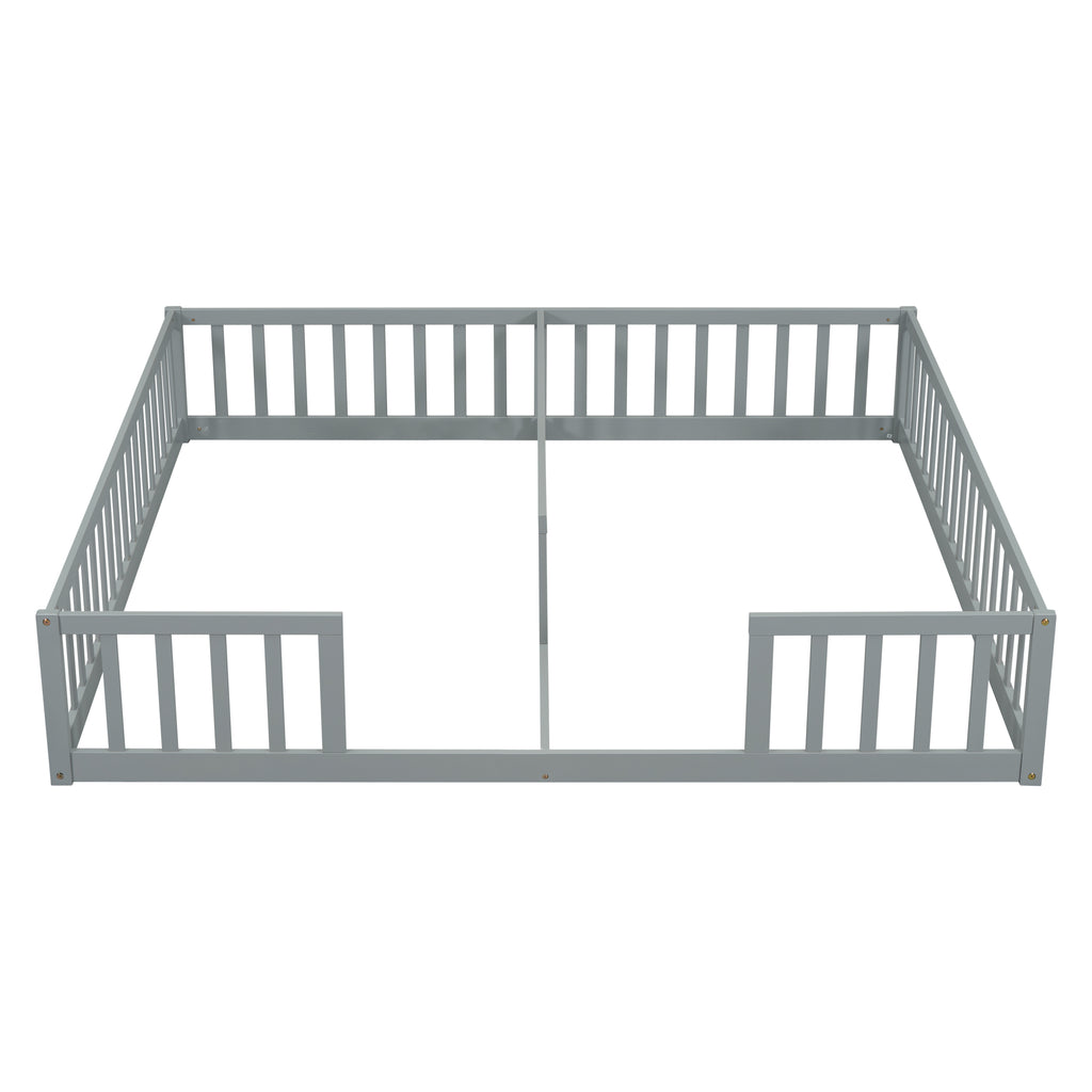 Double Twin Floor Bed with Fence, Guardrails, without Door