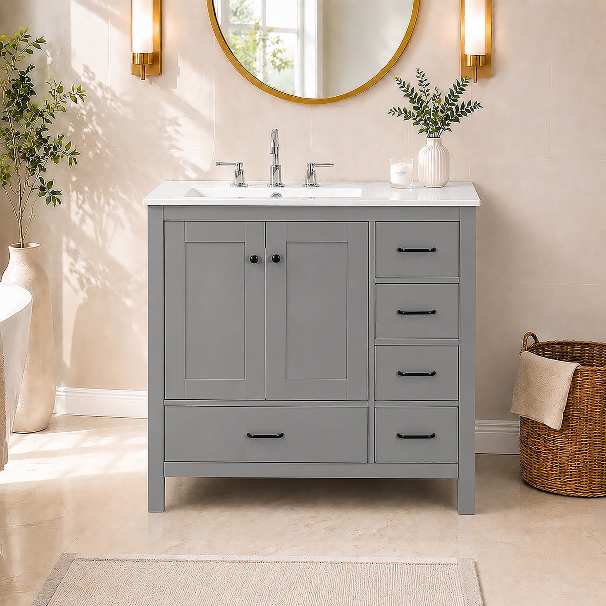 36" Gray Bathroom Vanity with Ceramic Sink