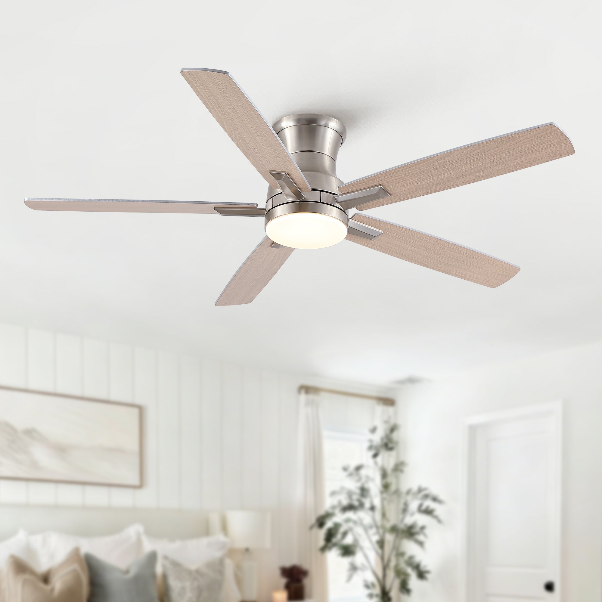 52" Modern Brushed Nickel Flush Mount Ceiling Fan with Light