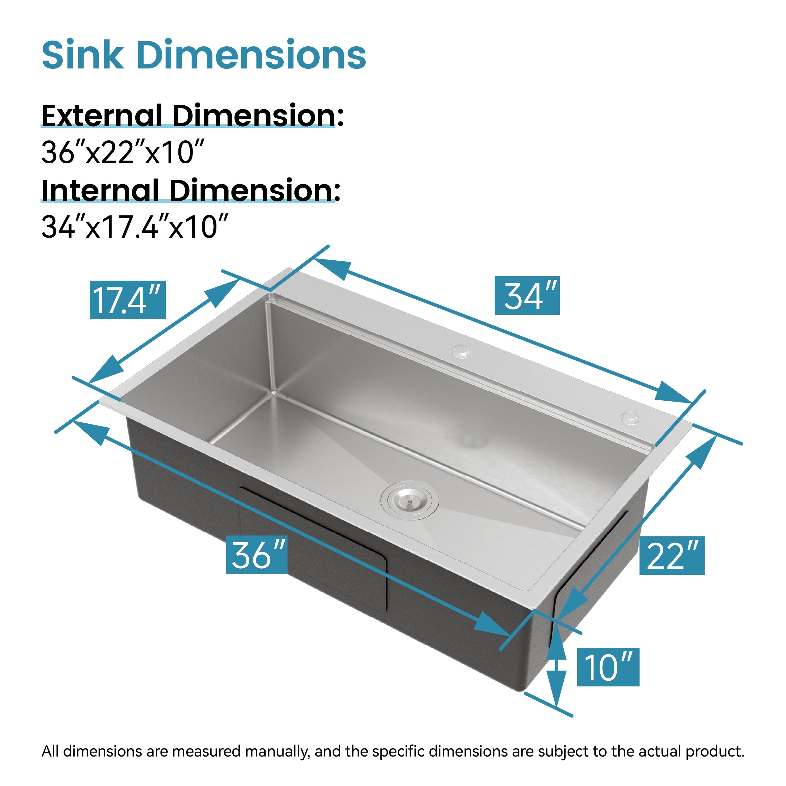 Brushed Stainless Steel Kitchen Sink, 36"x22" Single Bowl