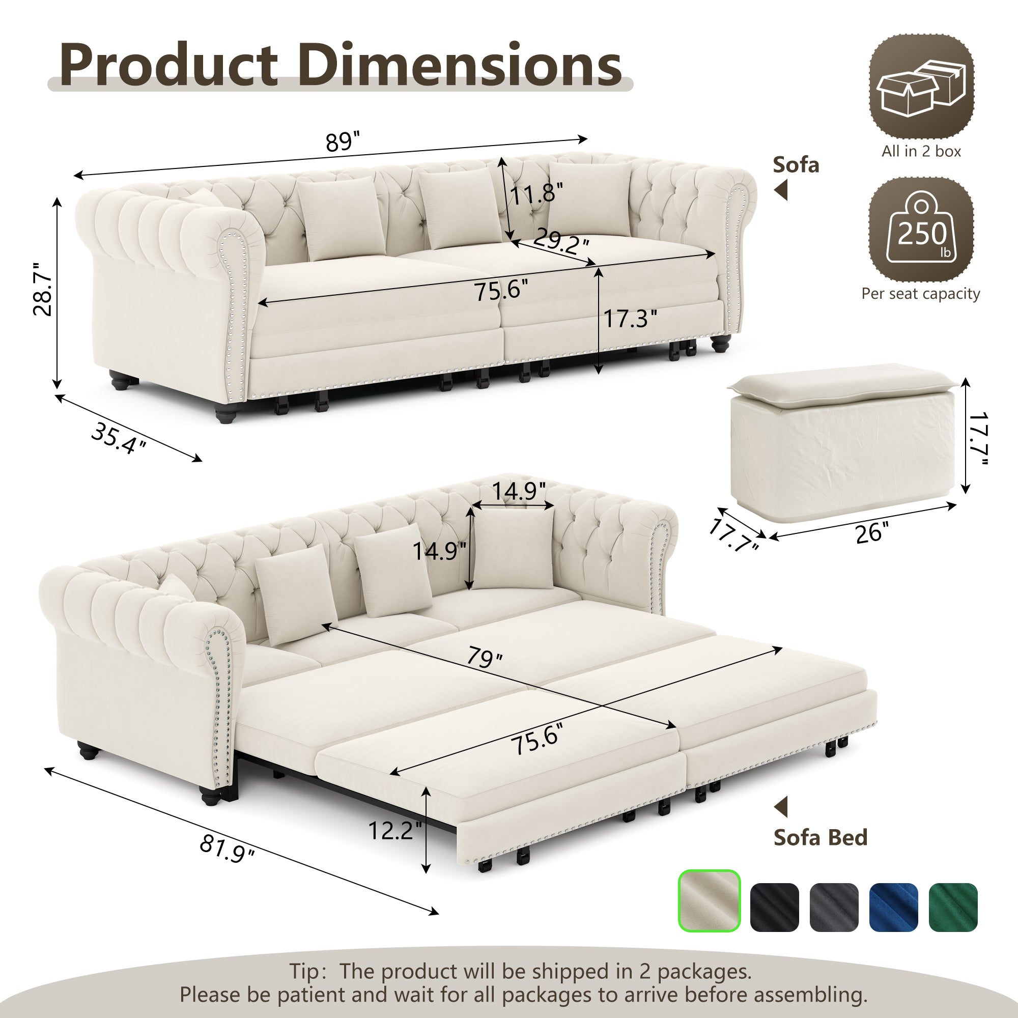 Chesterfield Sofa - 3-in-1 Pull-Out Sleeper Sofa Bed