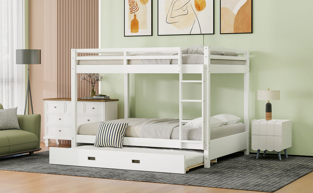 Wood Queen Size Bunk Bed with Ladder and Trundle