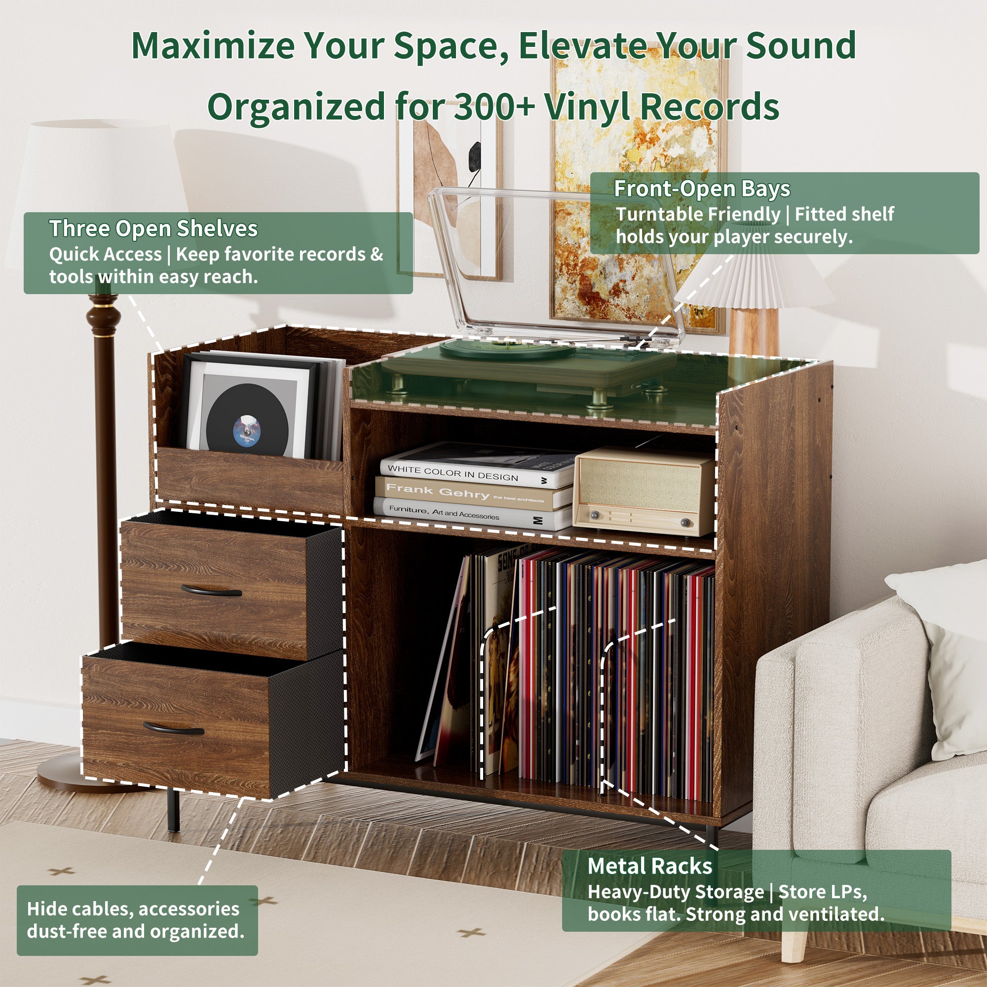 Record Player Stand with Adjustable Shelves