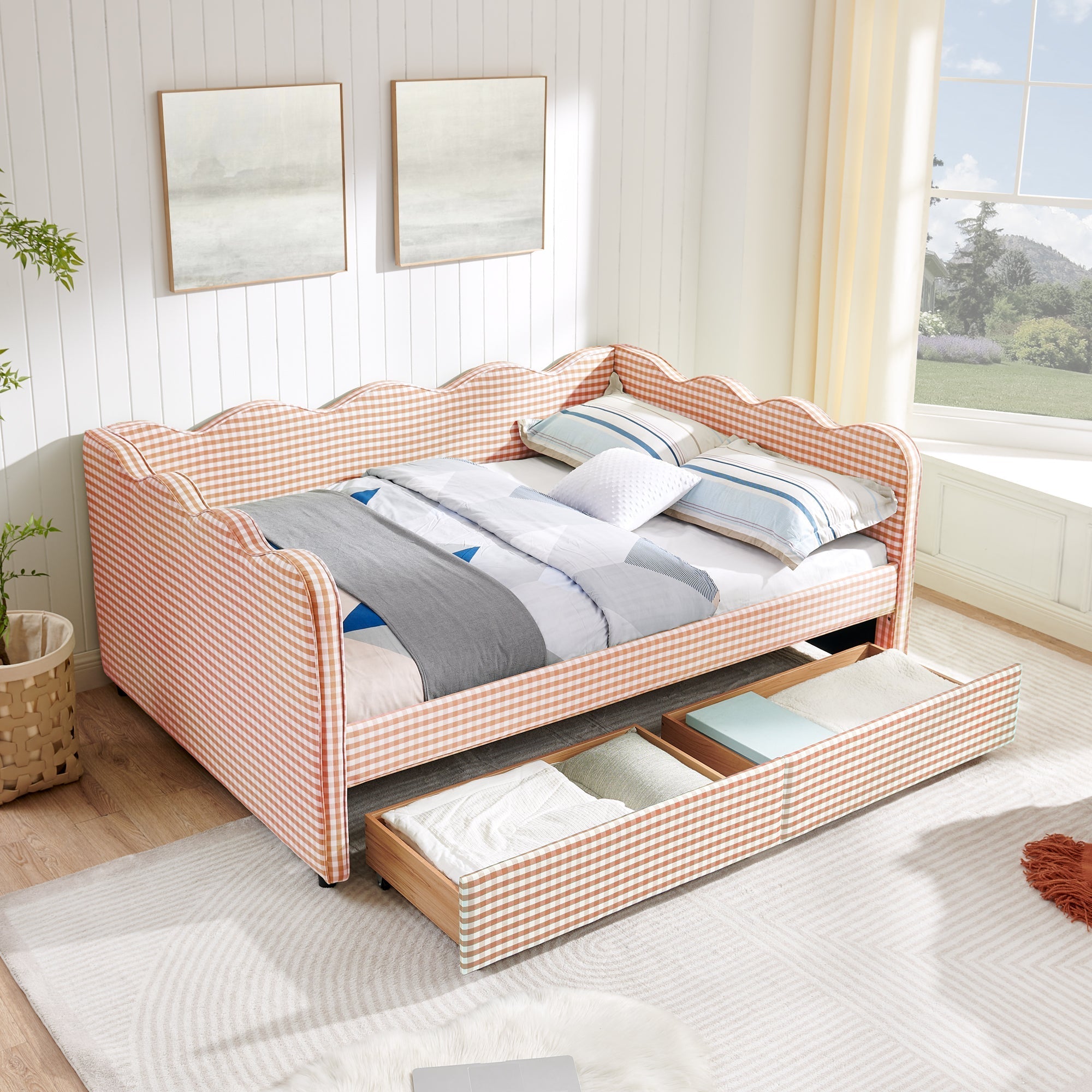 Full Size Cozy Gingham Daybed with Two Storage Drawers