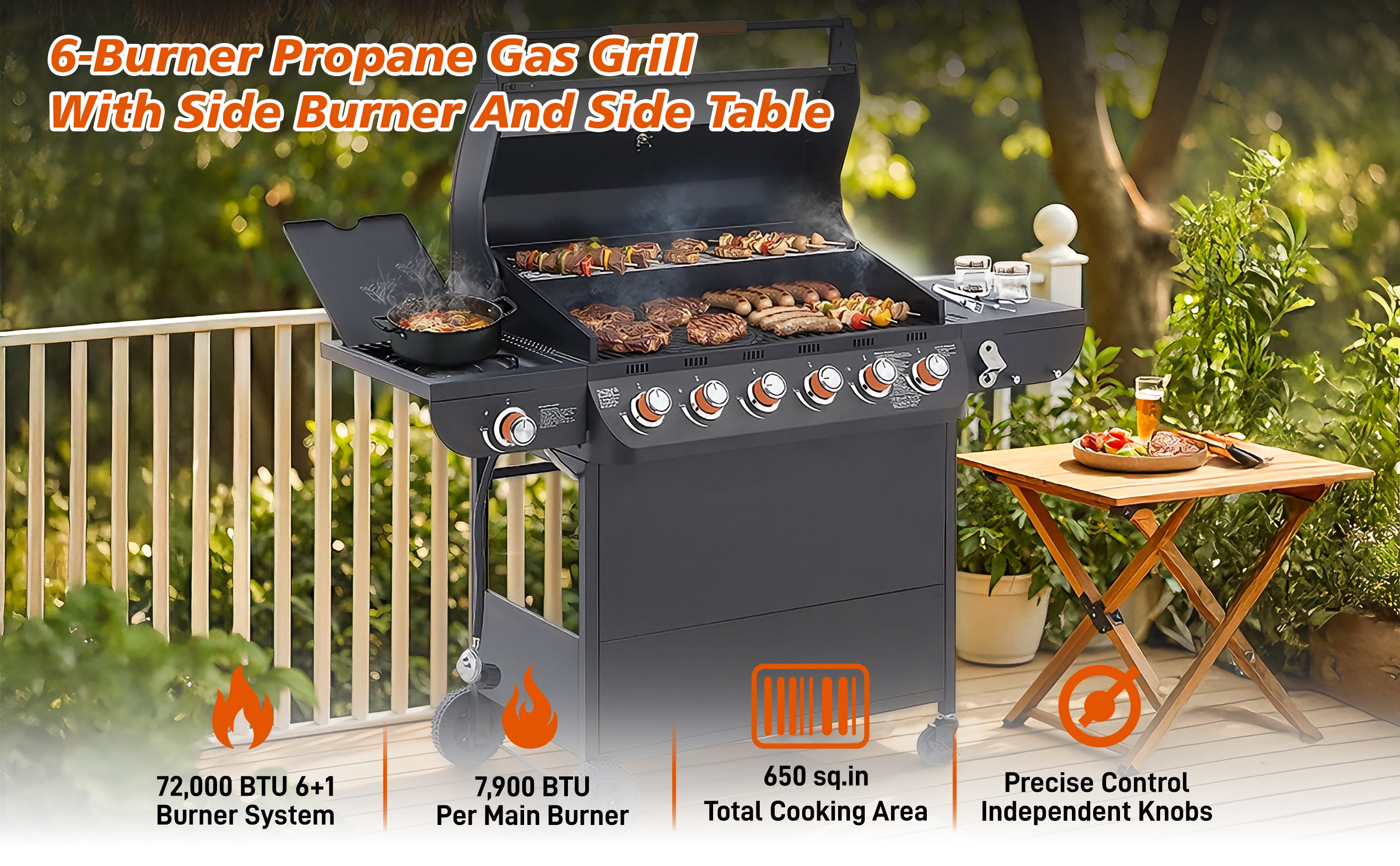 6 Burner BBQ Propane Gas Grill with Side Burner
